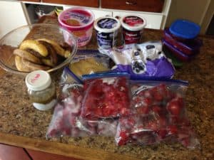 Supplies for making smoothie freezer packs.