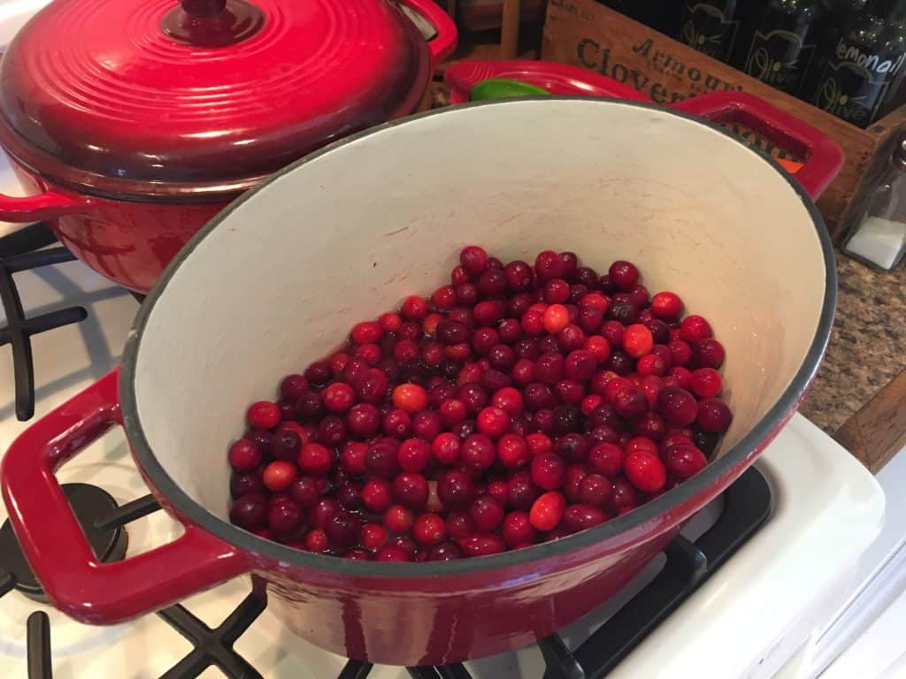 Starting to cook the cranberries for cranberry mustard