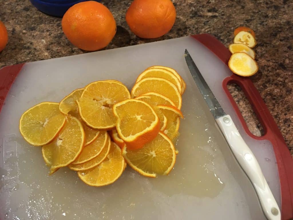 Slicing the oranges for the dehydrator