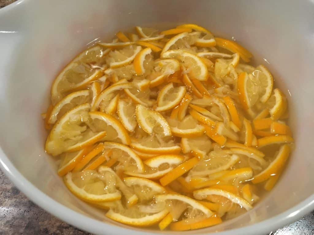 Soaking the meyer lemon slices for the marmalade