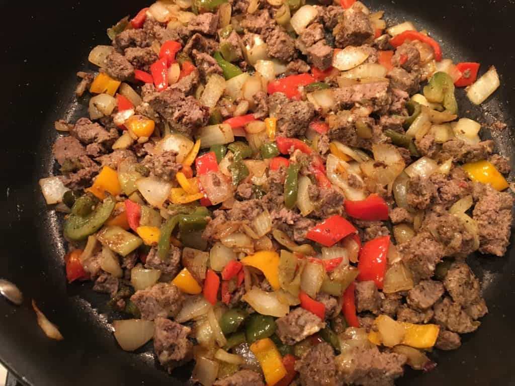 Meat, peppers and onions for the Loaded Potato Nachos