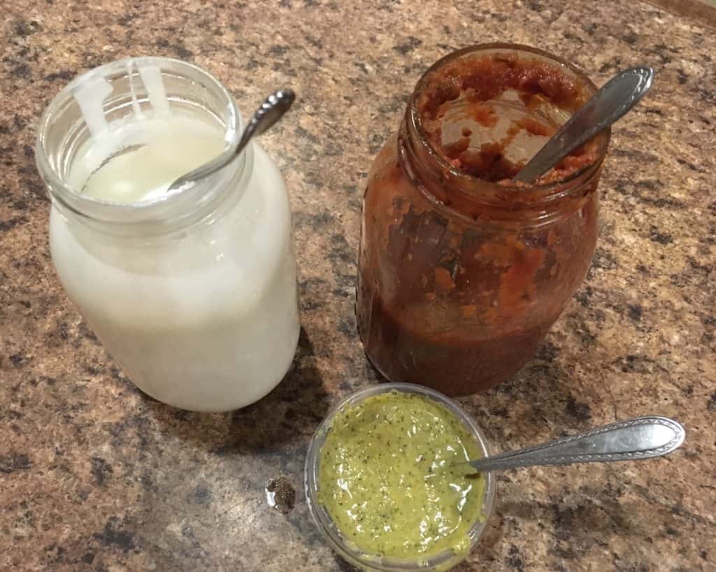 Condiments for Loaded Potato Nachos: Yogurt, Salsa, and Peruvian Green Sauce