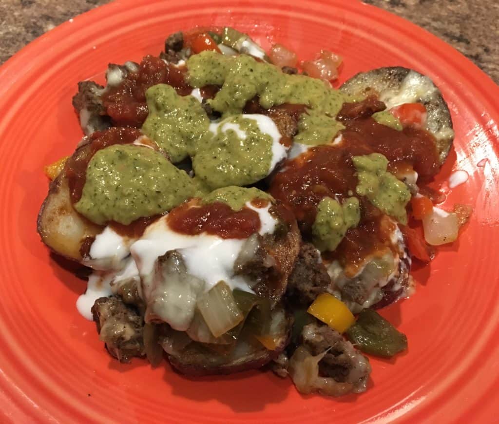 The finished plate: Loaded Potato Nachos, made with leftover refrigerator ingredients