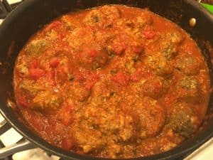 Eggplant turkey meatballs, in spaghetti sauce just before serving.