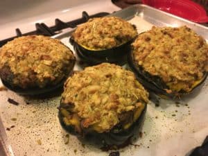 Stuffed acorn squash out of oven