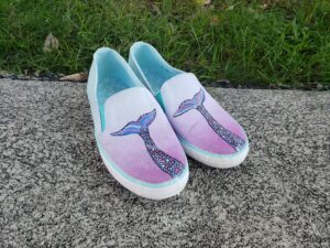 Metallic mermaid tails painted on canvas shoes