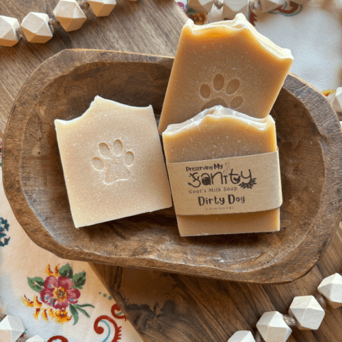 Flatlay photo of Dirty Dog goat's milk soap