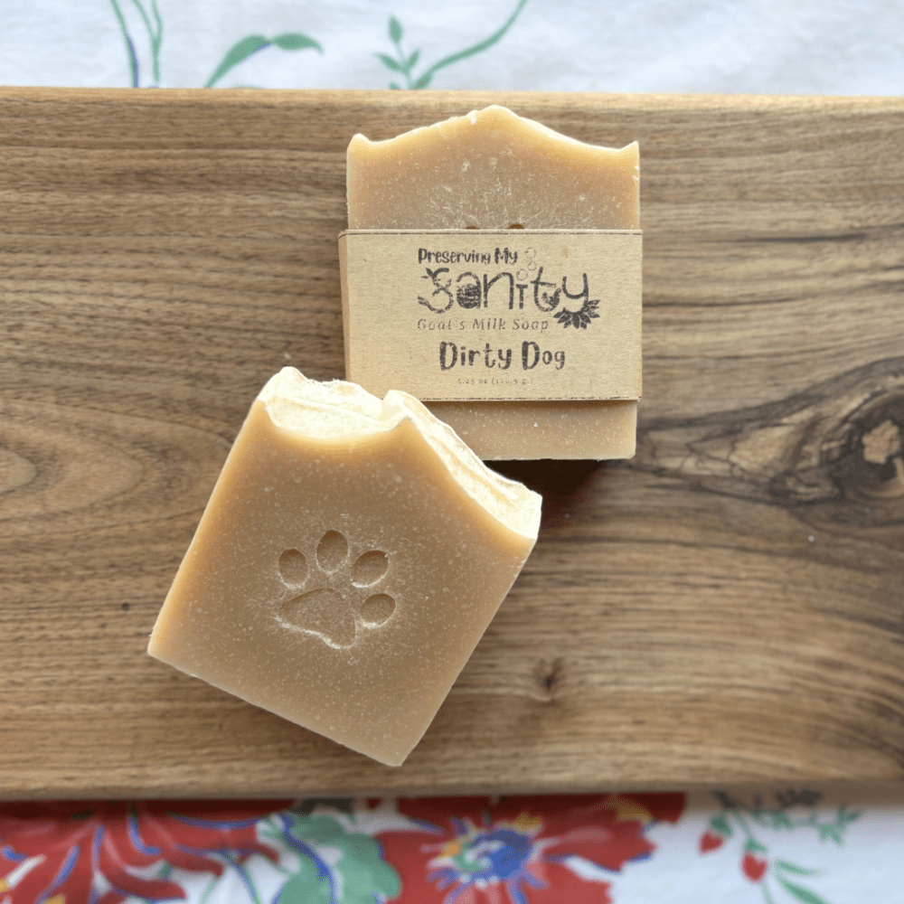 Flatlay photo of Dirty Dog goat's milk soap