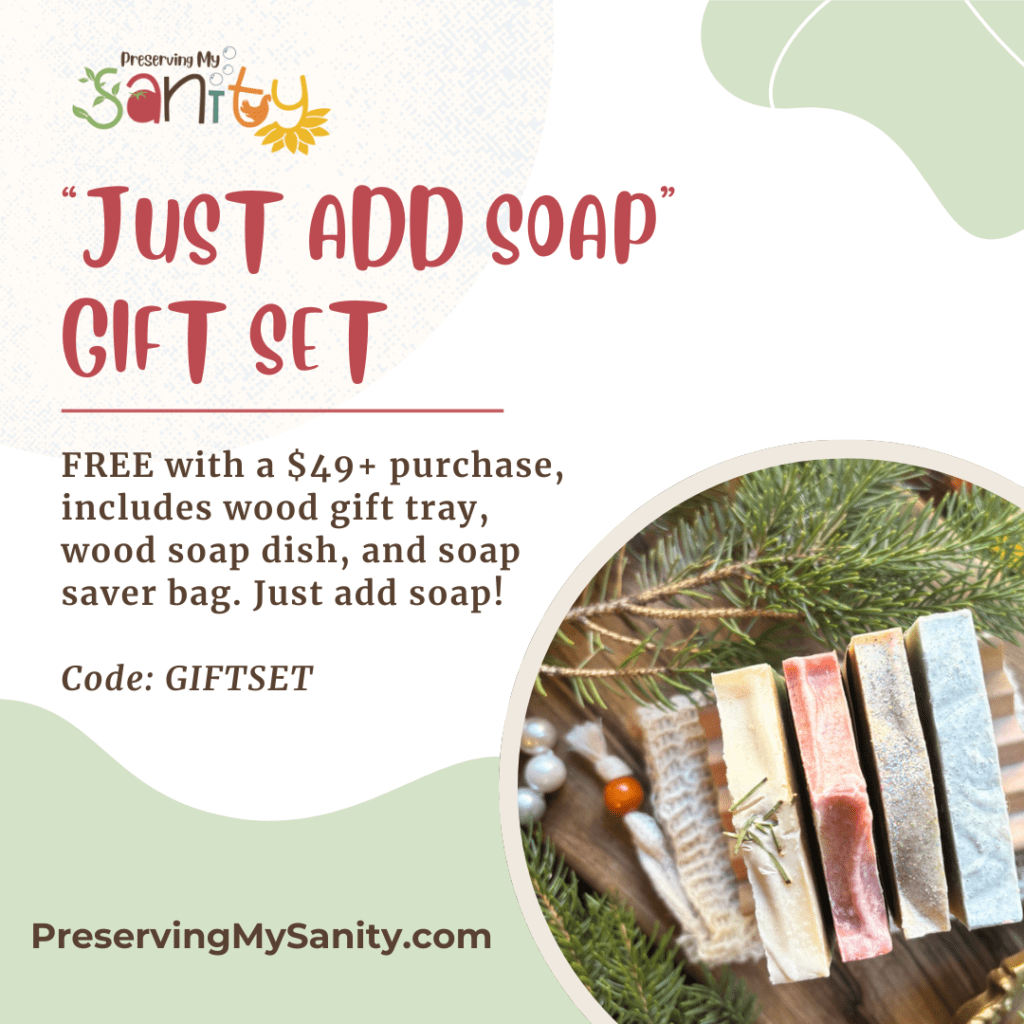 Promo graphic for a free just add soap gift set with orders $49+