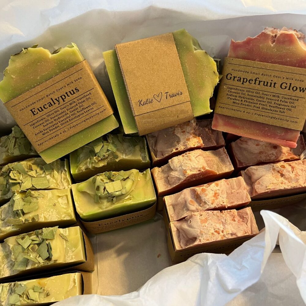 Pretty photo of custom soap I made for wedding favors for a small wedding, complete with custom labels