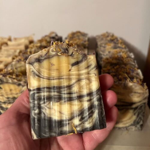 Interior photo of a hand holding a bar of lavender orange soap with other bars showing while curing in the background