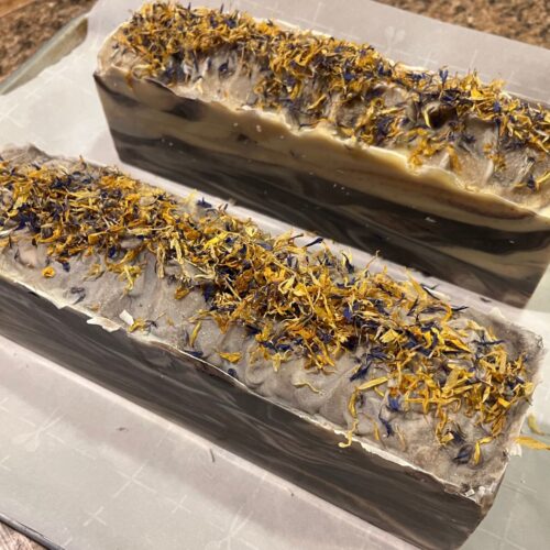 Interior photo of lavender orange soap in loaves after being taken out of the molds but before cutting into bars