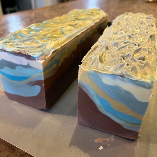 Photo of two loaves of mountain sky soap prior to cutting into bars