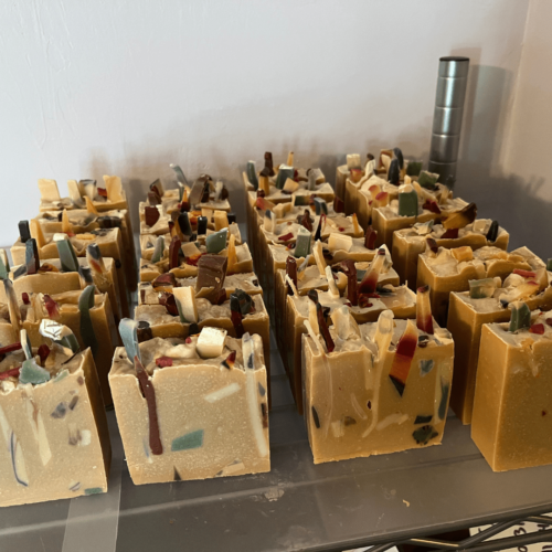 Holiday confetti soap on the drying rack