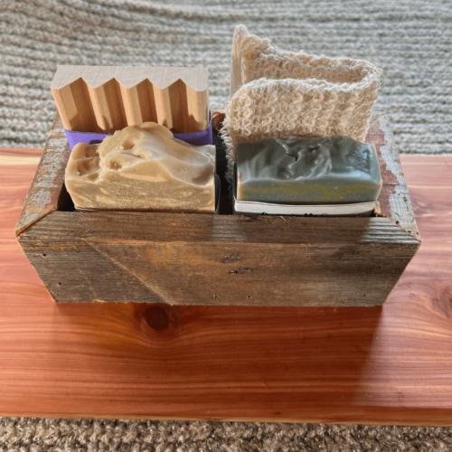 Small reclaimed wood trough great for making your own gift bundle for the holidays, pictured with two bars of handcrafted goat's milk soap, a wood soap dish, and a sisal soap bag (not included)