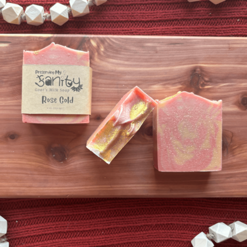 Flatlay photo of Rose Gold goat's milk soap