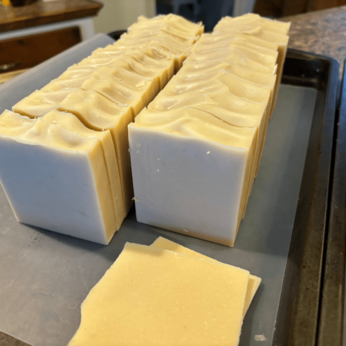 Photo showing two loaves of freshly cut Soothing Yogurt and Oatmeal goat's milk soap