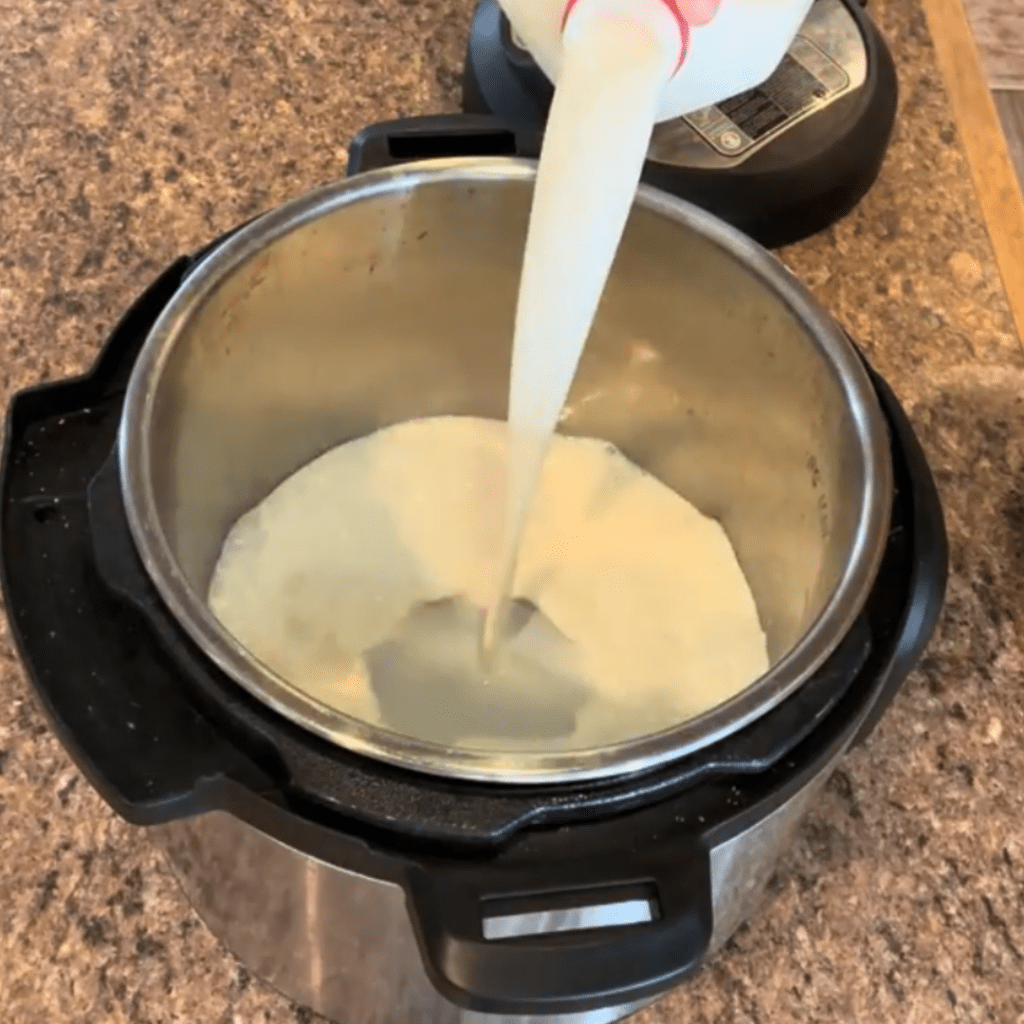 Photo of whole milk being poured into stainless steel Instant Pot insert