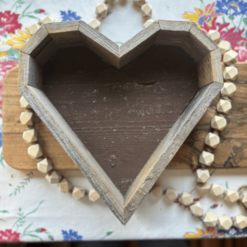 Flatlay photo of reclaimed wood heart planter box, makes a great gift box for the Mother's Day gift bundle.
