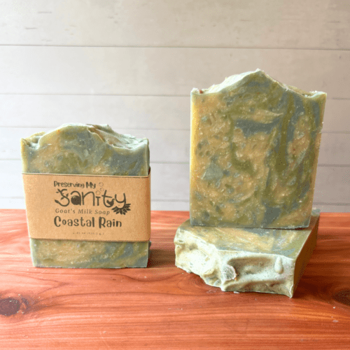 Photo of three bars of coastal rain goat milk soap displayed to show design, top, and label