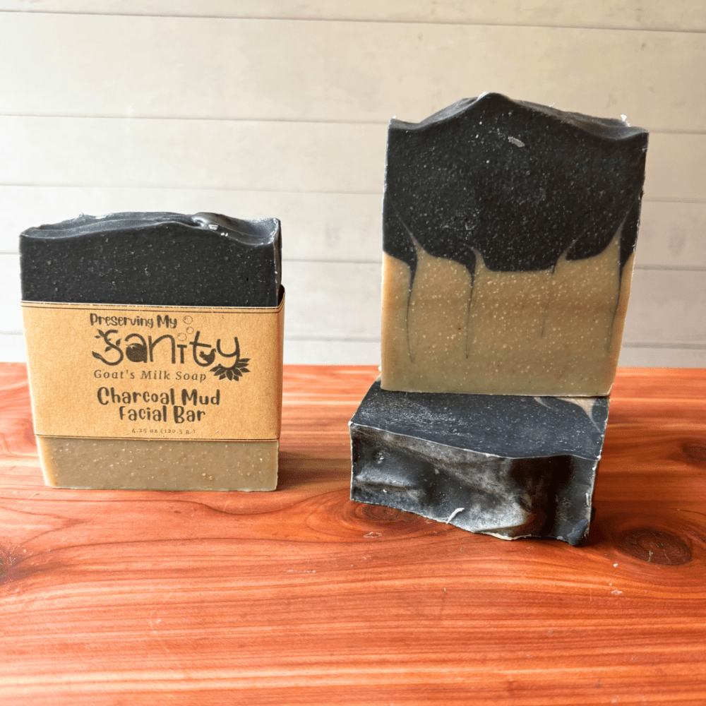 Photo of three bars of charcoal mud facial bar goat milk soap displayed to show design, top, and label