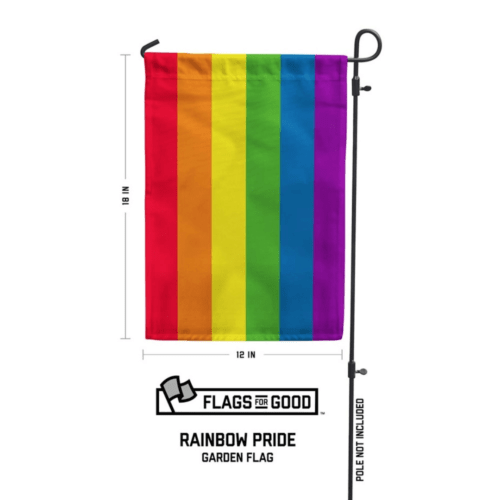 Rainbow pride garden flag displayed on a garden flag stake to show dimensions of flag (18 inches by 12 inches)