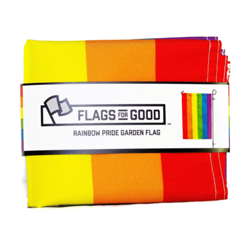 Rainbow pride garden flag folded up with branded packaging