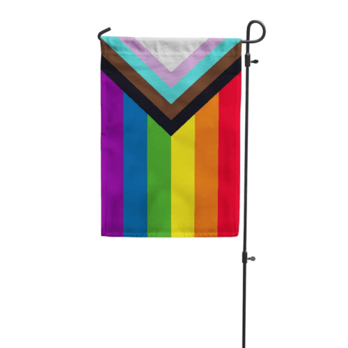 Progress pride garden flag displayed on a garden flag stake