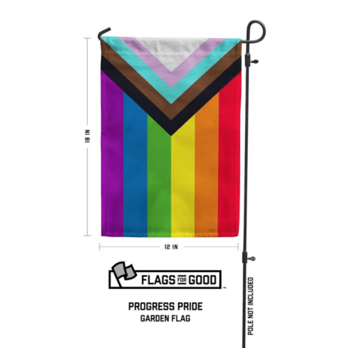 Progress pride flag displayed on a garden stake showing flag dimensions of 18 inches by 12 inches