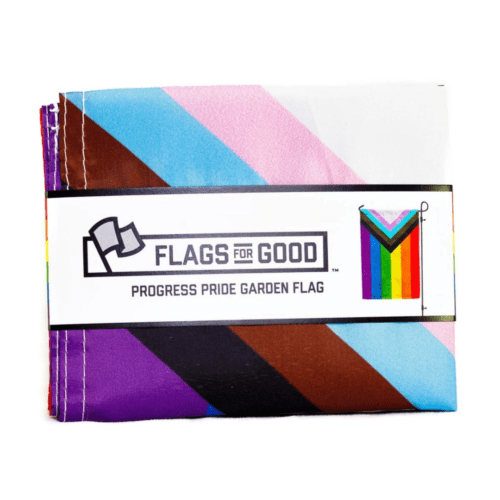 Progress pride flag folded up with branded packaging