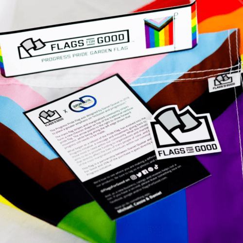 Alternate view of progress pride flag folded up with branded packaging