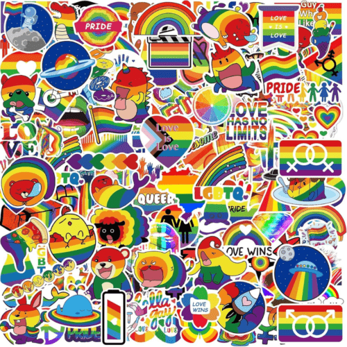 Flatlay photo of a variety of pride stickers