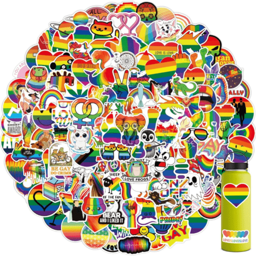 Flatlay photo of a variety of pride stickers, water bottle displaying a couple of stickers is showing in the foreground