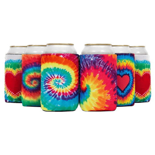 Front view of six different tie-dyed can koozies, some with hearts on the front. All different designs and colors.