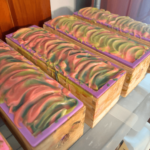 Process photo showing four freshly poured loaves of apple sage goat milk soap with textured tops.