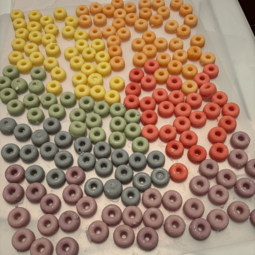 Colorful circles of soap batter created to top the soap batter of the Morning Cereal Soap