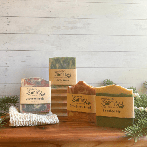 Display photo showing four half-size bars of holiday goat milk soap with a soap dish and soap bag