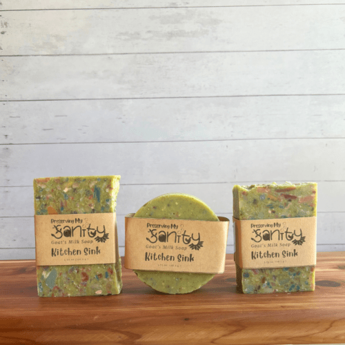 Display photo of three sizes of Kitchen Sink green confetti goat milk soap