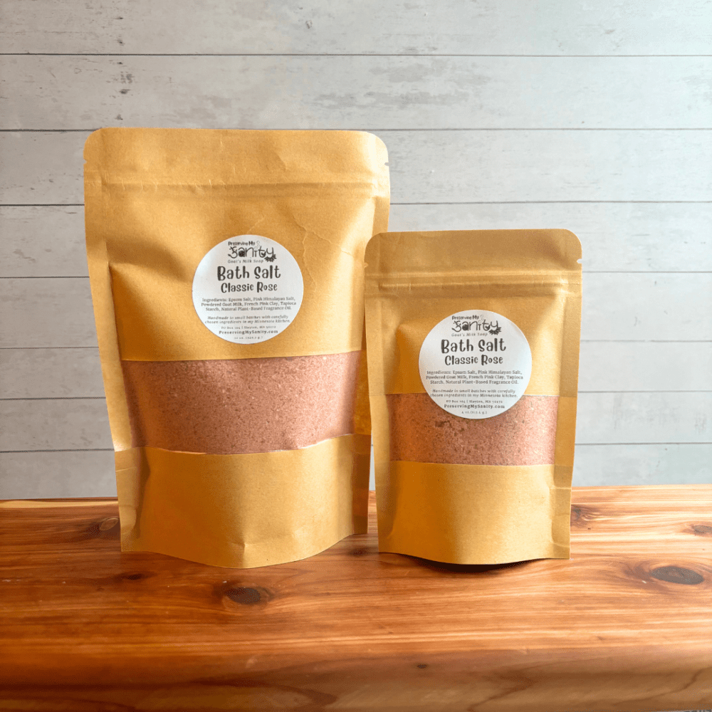 Two sizes of Classic Rose bath salt to show the 4-ounce and 12-ounce options available for purchase