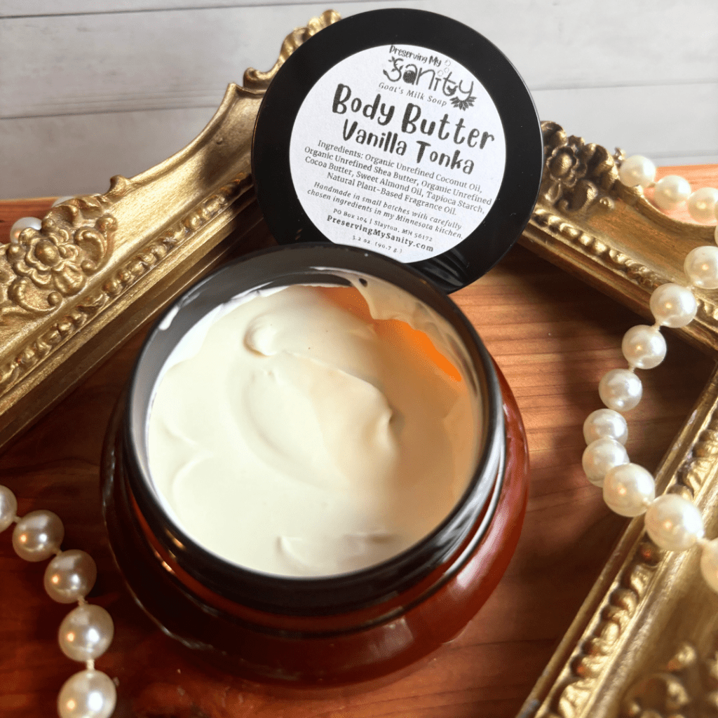 Plastic container of Vanilla Tonka Body Butter made with shea butter, cocoa butter, natural fragrance oil and more