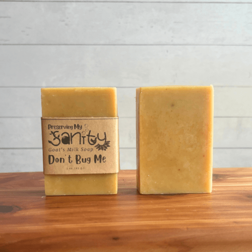 Front view photo of two bars of Don't Bug Me goat milk soap