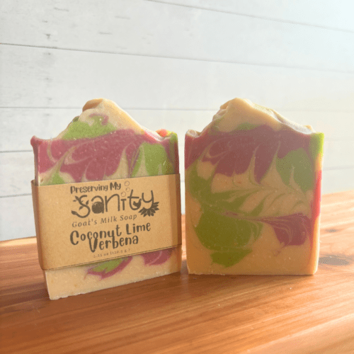 Alternate view of two bars of Coconut Lime Verbena goat milk soap