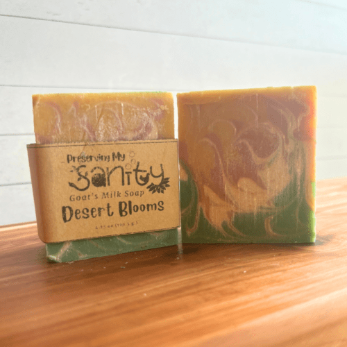 Alternate view photo showing two bars of Desert Blooms goat milk soap