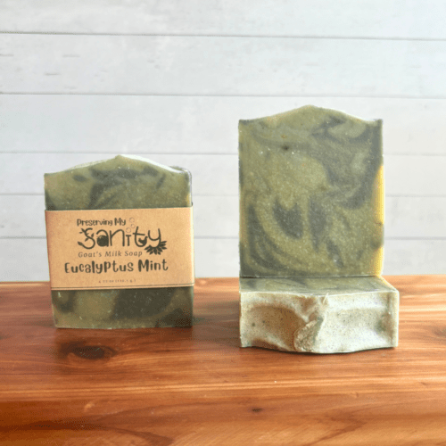 Front view photo of three bars of Eucalyptus Mint goat milk soap