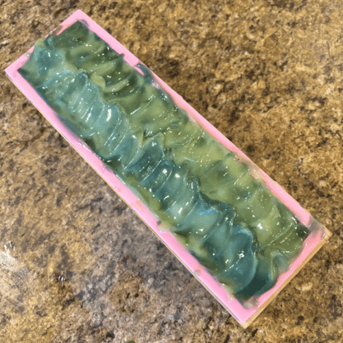 Process photo showing a freshly poured loaf of Eucalyptus Mint goat milk soap