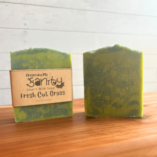 Alternate view photo showcasing two bars of Fresh Cut Grass goat milk soap