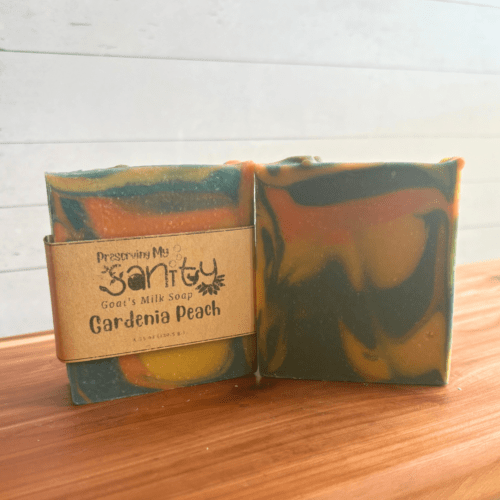 Alternate view photo showcasing two bars of Gardenia Peach goat milk soap