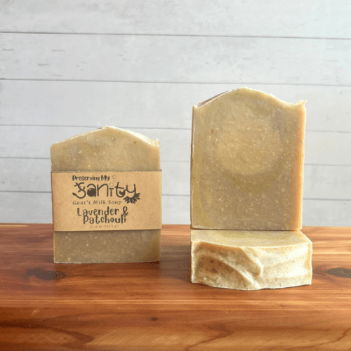 Display photo showing three bars of Lavender Patchouli goat milk soap