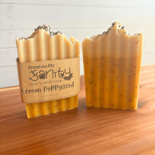 Alternate view photo of two bars of Lemon Poppyseed goat milk soap