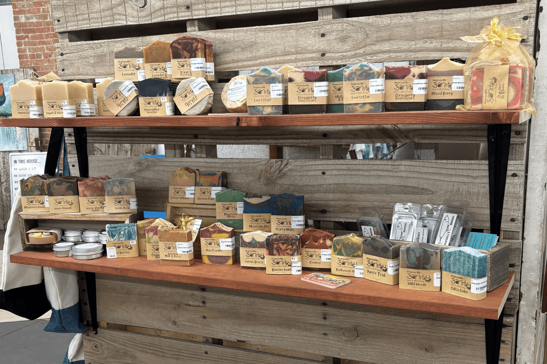 Display of goat milk soap, tallow balm, gift sets and more at Merch. & Co. in Edgerton, Minnesota